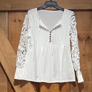 Lace Sleeve Button-Front White Women's Top